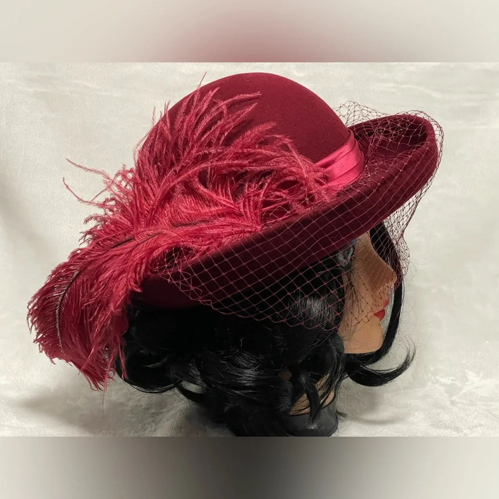 Vintage Mr Charles Red Feather Wool Hat fascinator Sunday best
